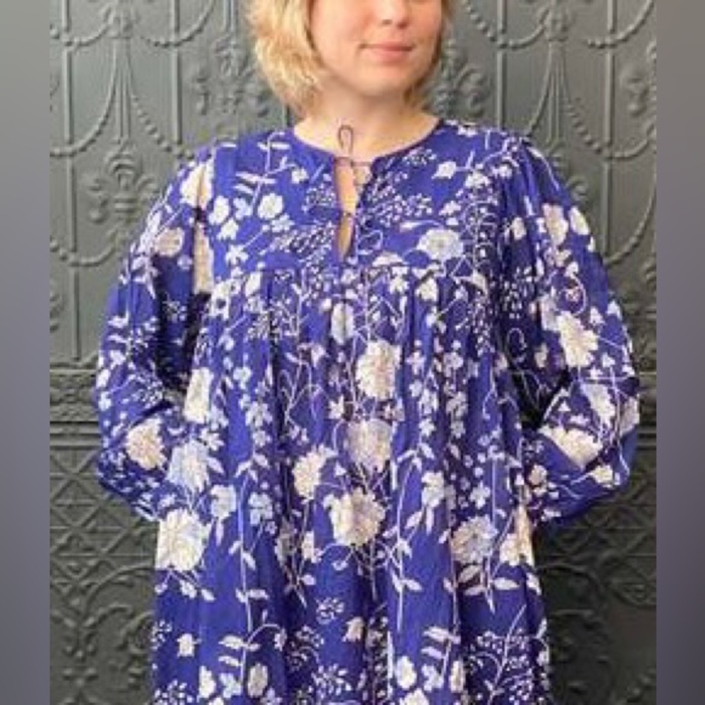▪️Matta NY Cotton GARDEN Top Blue Floral Boho Peasant Long Sleeve Tiered Blouse